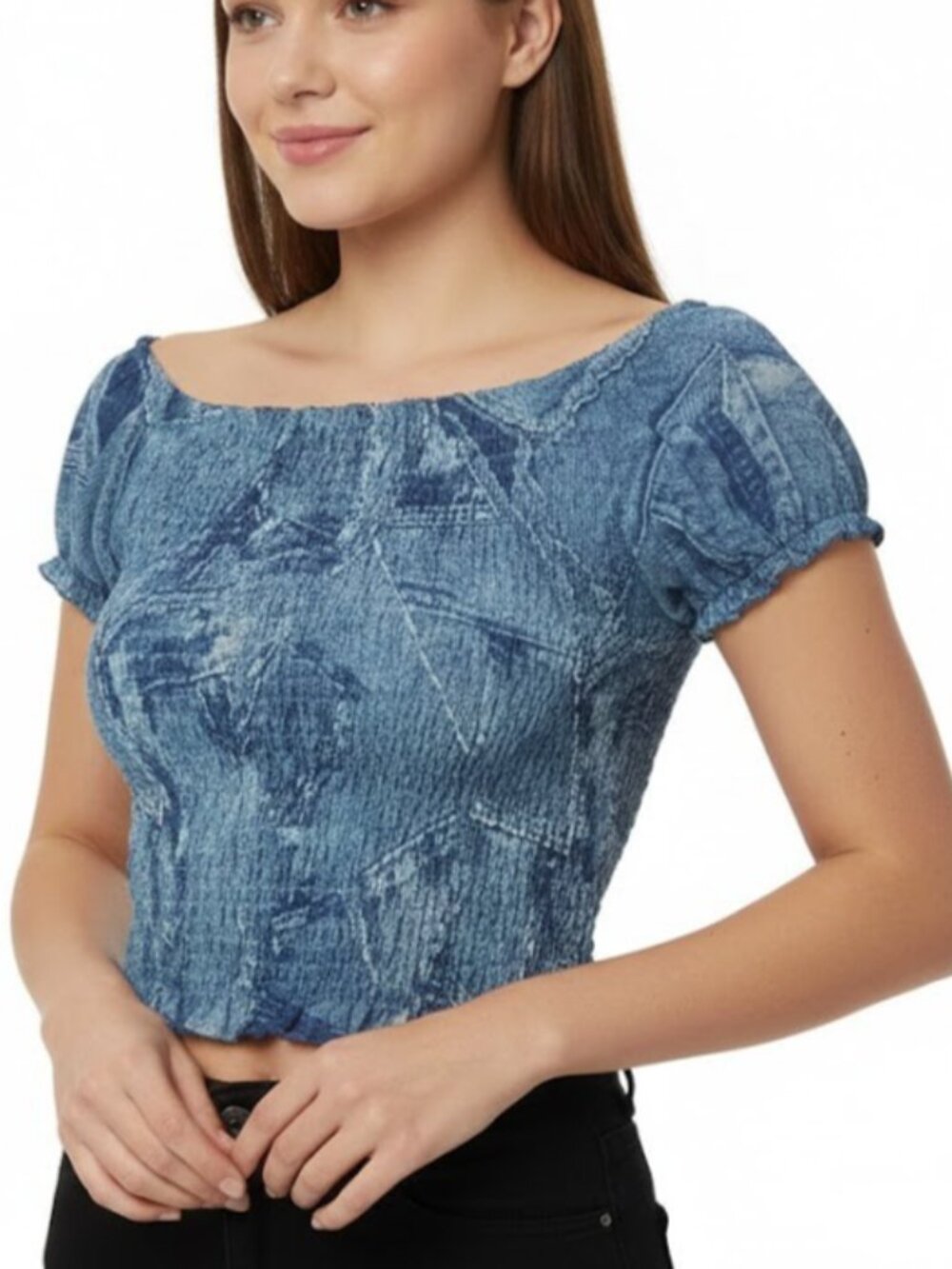 Hype Y2K Popcorn Top Size 14 Blue Denim Patchwork Print Smocked Scrunch Crop VTG